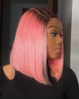 Beginner Friendly Glueless Light Pink Ombre T Part Lace Bob Wig 100% Human Hair