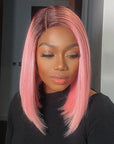 Beginner Friendly Glueless Light Pink Ombre T Part Lace Bob Wig 100% Human Hair