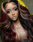 Mixed Black With Red & Blonde Highlights Colorful Loose Wave Glueless 13x4 Lace Front Wig