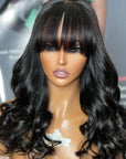 Gorgeous Natural Black Loose Wave With Bangs 4x4 Closure Lace Glueless Wig 100% Human Hair