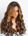 Curtain Bangs Chocolate / Caramel Brown Highlight Loose Wave Y-Shape Undetectable HD Lace Wig