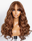 Curtain Bangs Chocolate / Caramel Brown Highlight Loose Wave Y-Shape Undetectable HD Lace Wig