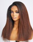 4C Edges | Kinky Edges Black To Brown Ombre Kinky Straight 5x5 Closure Lace Glueless Side Part Long Wig 100% Human Hair