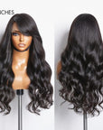 Graceful Natural Black Body Wave With Bangs 5x5 Closure Lace Glueless C Part Long Wig 100% Human Hair