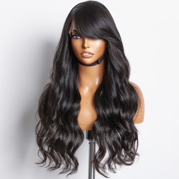 Graceful Natural Black Body Wave With Bangs 5x5 Closure Lace Glueless C Part Long Wig 100% Human Hair