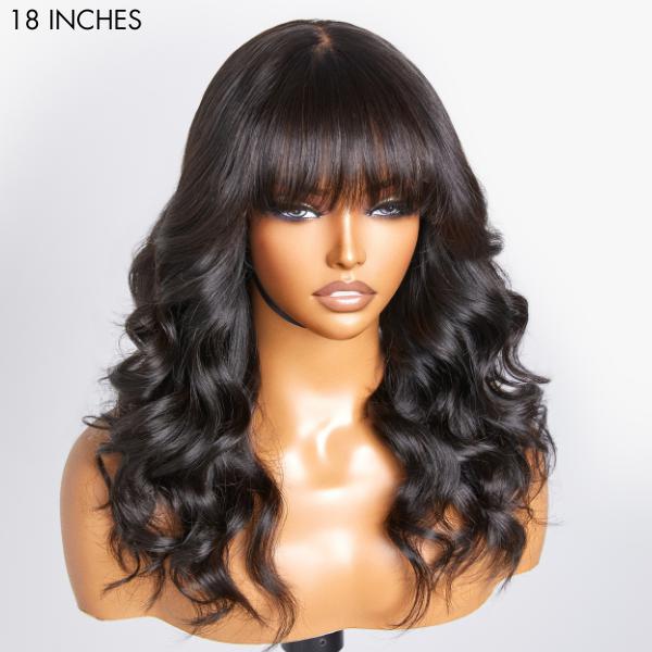 Loose Wave 5x5 Closure Lace Glueless Long Wig With Cute Bangs 100% Human Hair | Face-Framing (Free Pre-cut Lace Specially)