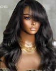 Graceful Natural Black Body Wave With Bangs 5x5 Closure Lace Glueless C Part Long Wig 100% Human Hair (Free Pre-cut Lace Specially)