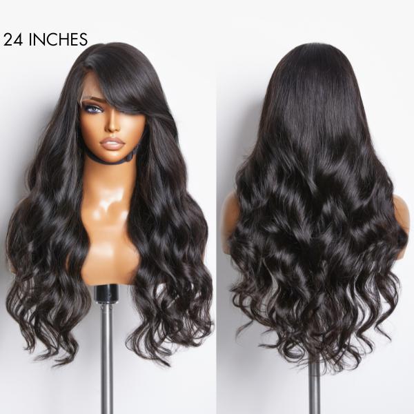 Graceful Natural Black Body Wave With Bangs 5x5 Closure Lace Glueless C Part Long Wig 100% Human Hair (Free Pre-cut Lace Specially)