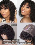 Beginner Friendly Water Wave Minimalist Lace Glueless Short Wig With Bangs 100% Human Hair