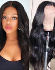 Super Easy Natural Black Body Wave 4x4 Closure Lace Glueless Mid Part Long Wig 100% Human Hair