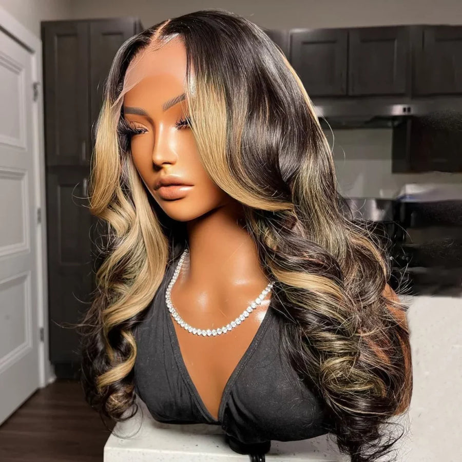 Luxurious Blonde Highlights Loose Wave 13x4 Frontal HD Lace Mid Part Long Wig 100% Human Hair