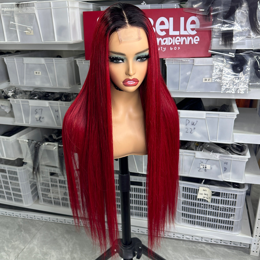 2x6 lace closure wig 1B/red, bone straight red wig