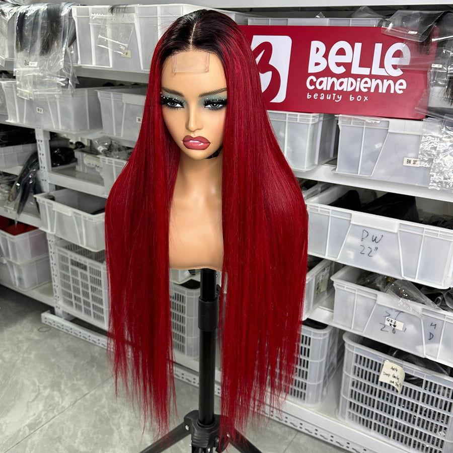 2x6 lace closure wig 1B/red, bone straight red wig