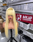 Wolf Cut 613 Blonde Layered Straight Human Hair Wig With Bangs Glueless Human Hair Wig With Fringe