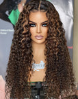 Glueless Crystal HD Lace Highlight Brown Curly 13x4 Lace Front Wig Perruque de cheveux humains