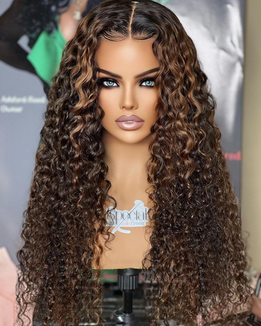 Glueless Crystal HD Lace Highlight Brown Curly 13x4 Lace Front Wig Perruque de cheveux humains