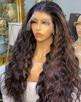Belle canadienne Blonde Brown Highlight Water Loose Wave 5x5 Closure HD Lace C Part Long Wig 100% Human Hair