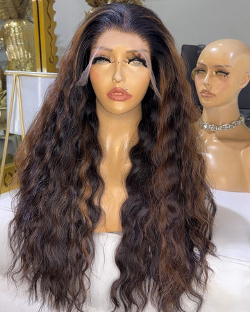 Belle canadienne Blonde Brown Highlight Water Loose Wave 5x5 Closure HD Lace C Part Long Wig 100% Human Hair