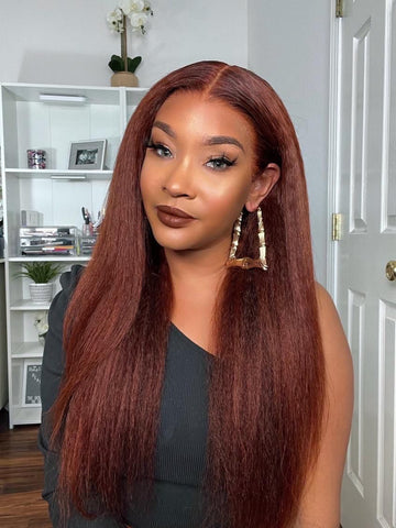 Reddish Brown Kinky Straight Glueless 13x4 Lace Front Wig Yaki Straight Human Hair