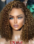 Crystal Lace Double Drawn Redish Brown Highlight Curly BoB Lace Closure Wigs