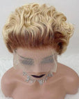 T4/613 Short Curly Pixie Cut Wigs 13x4 Lace Front Wig HD Lace Glueless Human Hair Wig