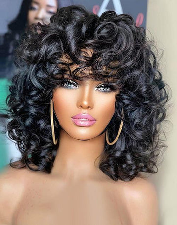 Short Bouncy Curly Human Hair Wig With Bangs Rose Curly Hair Natural Black Color