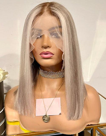 Highlight Brown Blonde Straight 13x4 Lace Front Blunt Bob Wig With Brown Roots