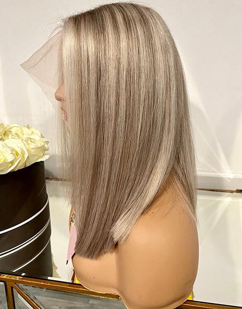 Highlight Brown Blonde Straight 13x4 Lace Front Blunt Bob Wig With Brown Roots
