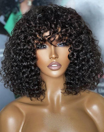 Curly Bob Wigs With Bangs Short Glueless Human Hair Wigs Double Drawn