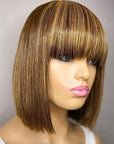 Highlight Honey Blonde Straight Bob Wig With Bangs Glueless Human Hair Wig With Fringe