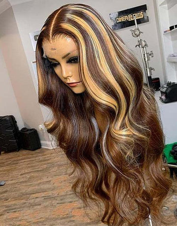 Glueless Invisiable Crystal HD Lace Highlight Brown Body Wave 13x4 Lace Front Wig Honey Blonde 4x4 Lace Human Hair Wig