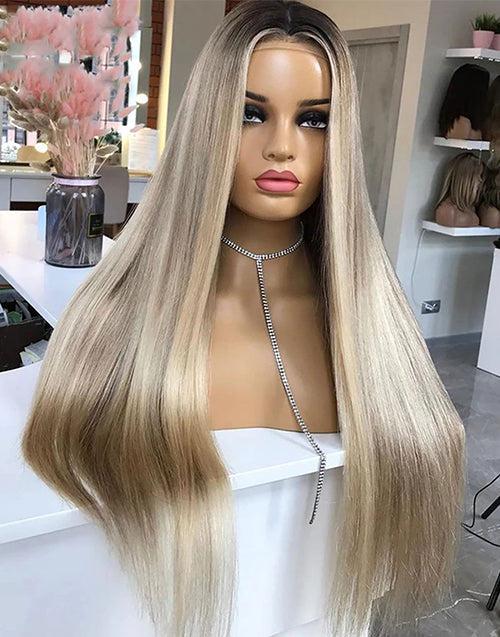 Highlight Ash Blonde Straight 13x4 Lace Front Wig Glueless 4x4 Lace Human Hair Wig