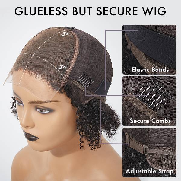 4C Edges | Kinky Edges Deep Wave 5x5 Closure Lace Glueless C Part Short Wig 100% Human Hair
