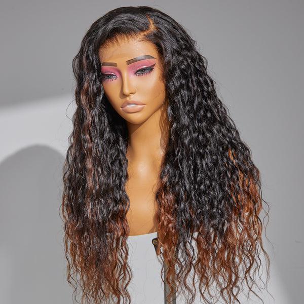 Limited Design | Sweety Brown Tails Highlight Water Wave 13x4 Frontal HD Lace C Part Long Wig 100% Human Hair