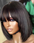 Trendy Layered Cut Yaki Straight Glueless Minimalist Lace Bob Wig With Bangs 100% Human Hair | Put On And Go