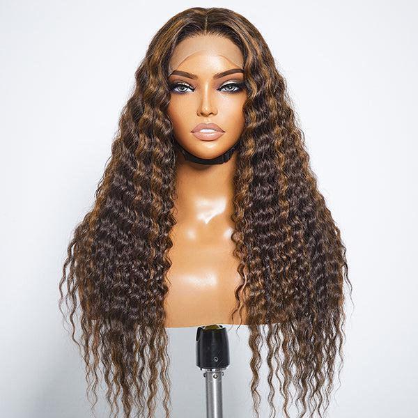 Boho-Chic | Chestnut Brown Highlights Bohemian Curly 5×5 Closure Lace Glueless Mid Part Long Wig 100% Human Hair