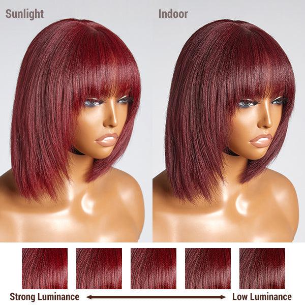 Put On And Go Reddish Purple / Natural Black Layered Cut Yaki Straight Minimalist Lace Bob Wig With Bangs 100% Human Hair