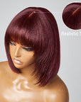 Put On And Go Reddish Purple / Natural Black Layered Cut Yaki Straight Minimalist Lace Bob Wig With Bangs 100% Human Hair