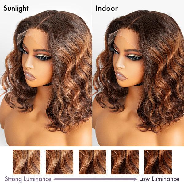 Elegant Brown Ombre Loose Wave Minimalist HD Lace Glueless Short Wig 100% Human Hair