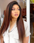 4C Edges | Kinky Edges Black To Brown Ombre Kinky Straight 5x5 Closure Lace Glueless Side Part Long Wig 100% Human Hair
