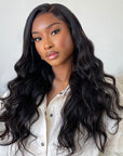 13x6 Compact Frontal Lace Natural Black Body Wave Side Part Long Wig 100% Human Hair
