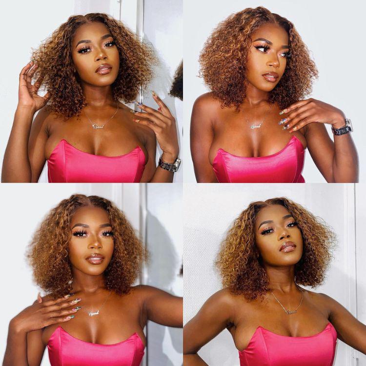 Mix Color Brown Curly Bob Wig Compact 13X4 Frontal Short Lace Wig 100% Human Hair