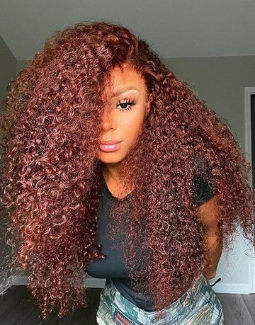 Reddish Brown Kinky Curly 13x4 Lace Front Wig 4x4 Lace Closure Wig Glueless Human Hair Wig