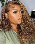 Glueless Invisiable Crystal HD Lace Highlight Brown Curly 13x4 5x5 Lace Wig Honey Blonde Human Hair Wig