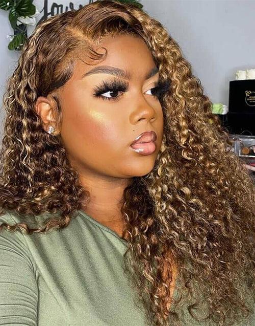 Glueless Invisiable Crystal HD Lace Highlight Brown Curly 13x4 5x5 Lace Wig Honey Blonde Human Hair Wig