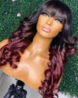 Ombre Burgundy 99J Loose Wavy 13x4 Lace Front Human Hair Wig With Bangs Glueless 4x4 Lace Wig