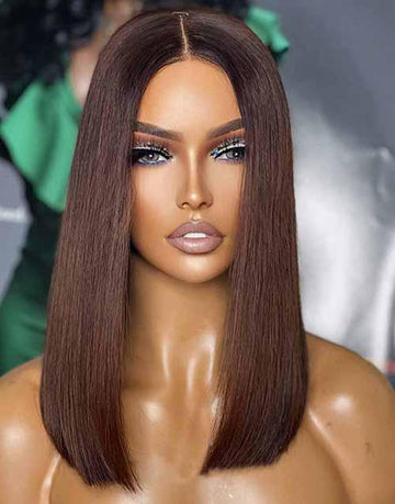 Chocolate Brown Straight 13x4 Lace Front Bob Wig Glueless Human Hair Wig Double Drawn