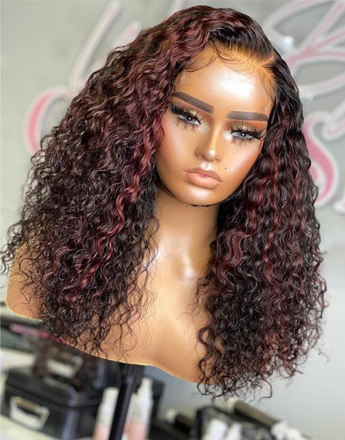 Ombre Highlight 99J Color 13x4 Curly Lace Front Human Hair Wigs Mix Burgundy 5x5 Lace Closure Wigs
