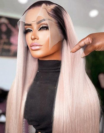 Ombre Pink Color With Black Roots Silky Straight 13x4 Lace Front Wigs Glueless 4x4 Lace Human Hair Wig