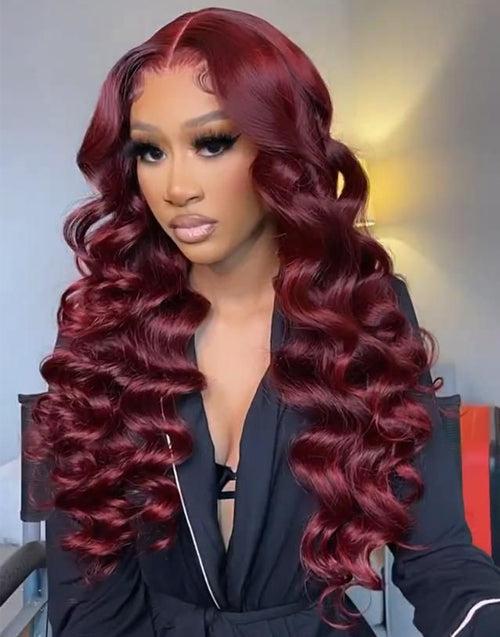 99j Burgundy Loose Deep Wave Wig Beautiful Crimp Wave 13x4 Lace Frontal | 4x4 Closure Human Hair Wigs